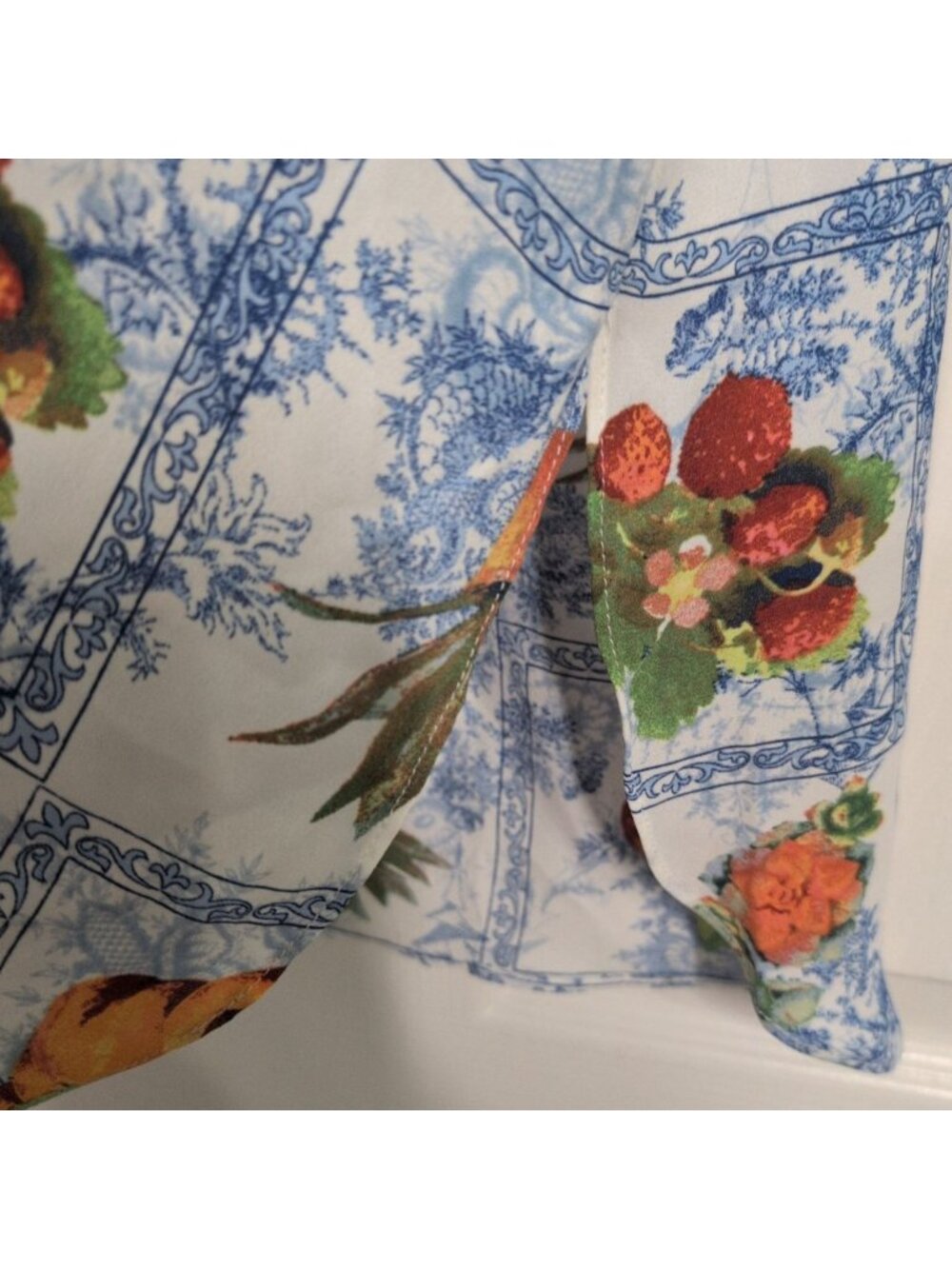Rose & Olive Floral Fruit Shirt Womens Size XL Blue Patchwork Camp 3/4 Sleeves - Picture 4 of 9